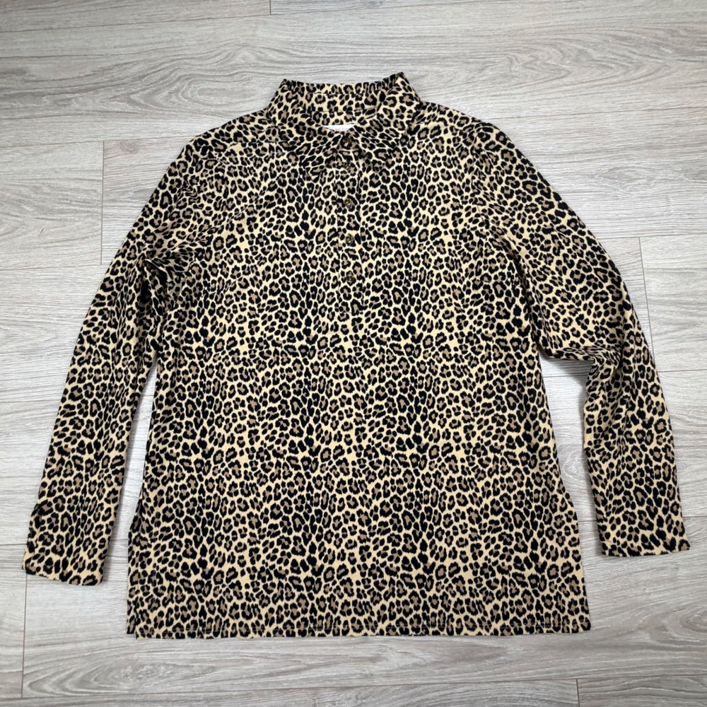 Jude Connally Logan Leopard‎ Print Button Front Tunic XL Tan Black Long Sleeve